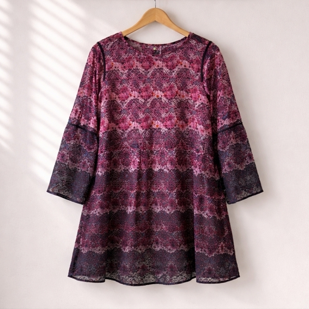 Nanette Lepore "Moody Romance" Purple Floral Chiffon Shift Dress Size 14